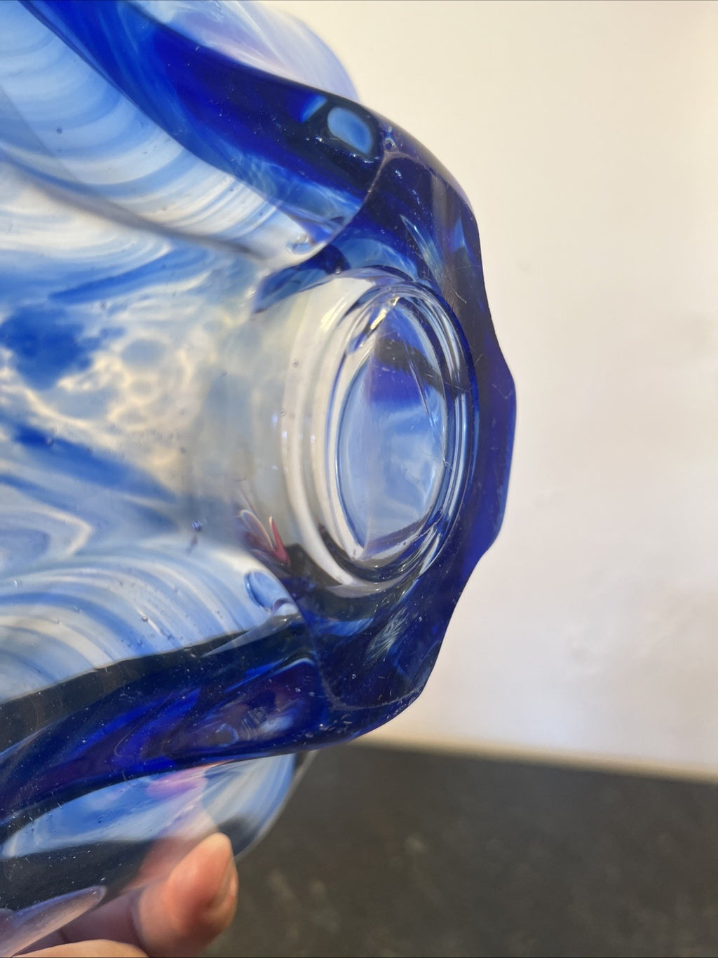 Vintage Czech Chřibská Style Hand Blown Blue Cased Art Glass Freeform Bowl