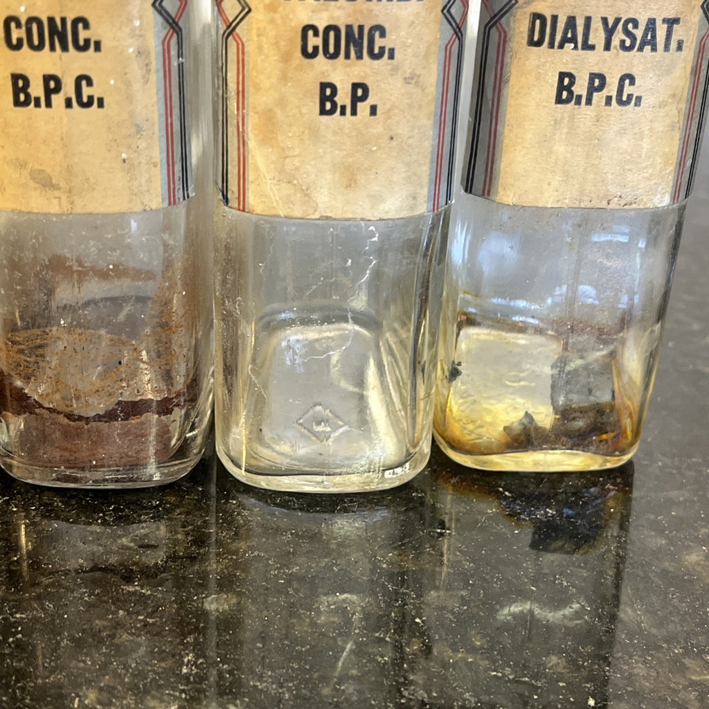 Antique Chemist Bottles Apothecary Pharmacy Labels Glass Set of 4 B.P.