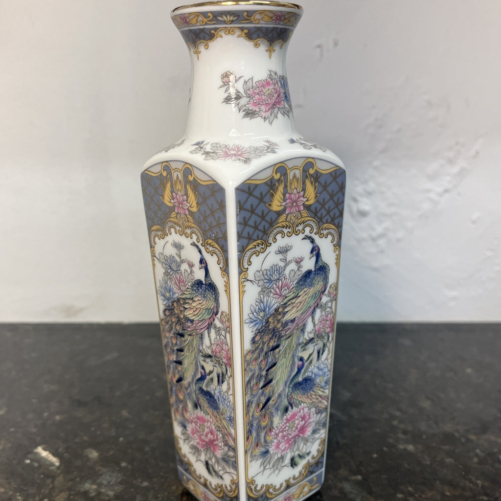 Japanese Peacock Decorative Porcelain Square Vase Blue Gold Floral 20th Century