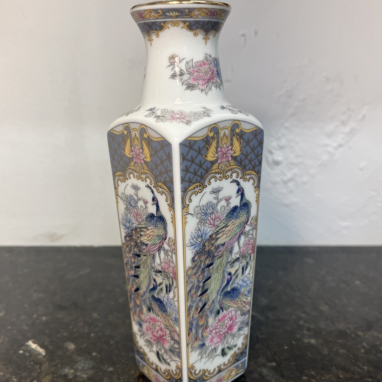 Japanese Peacock Decorative Porcelain Square Vase Blue Gold Floral 20th Century