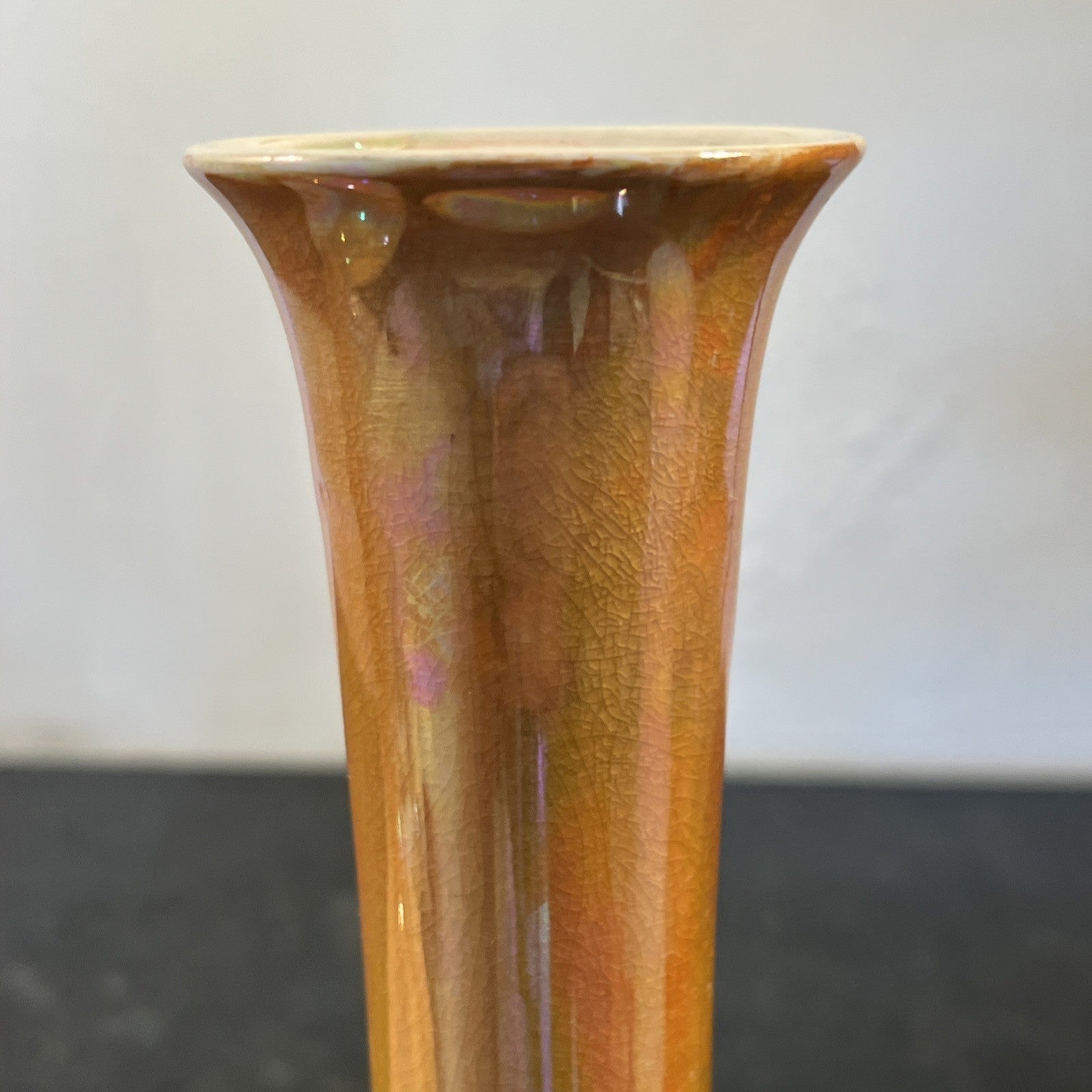Pair Devon Ware Fieldings Lustre Vases Orange Iridescent Stoke