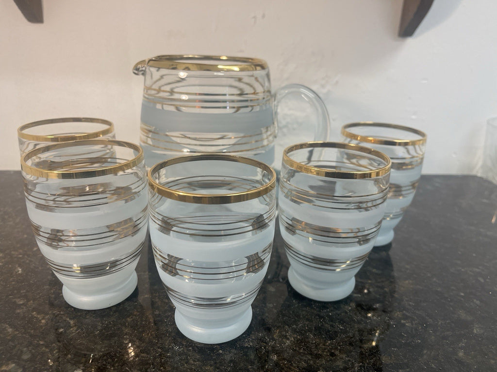 Vintage Mid Century Frosted Glass Jug and 5 Tumblers Gilt Bands
