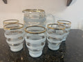 Vintage Mid Century Frosted Glass Jug and 5 Tumblers Gilt Bands