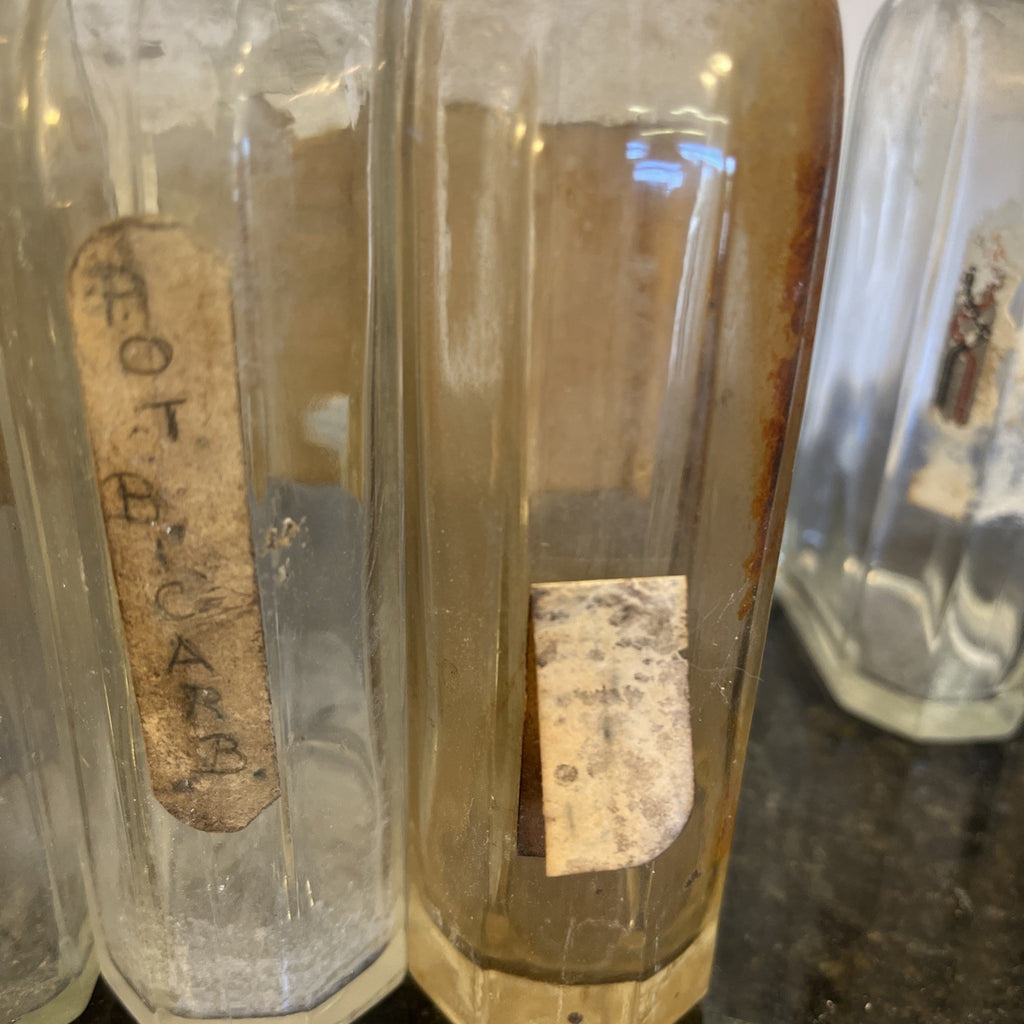 Antique Chemist Bottles Apothecary Pharmacy Labels Glass Set of 8 B.P.
