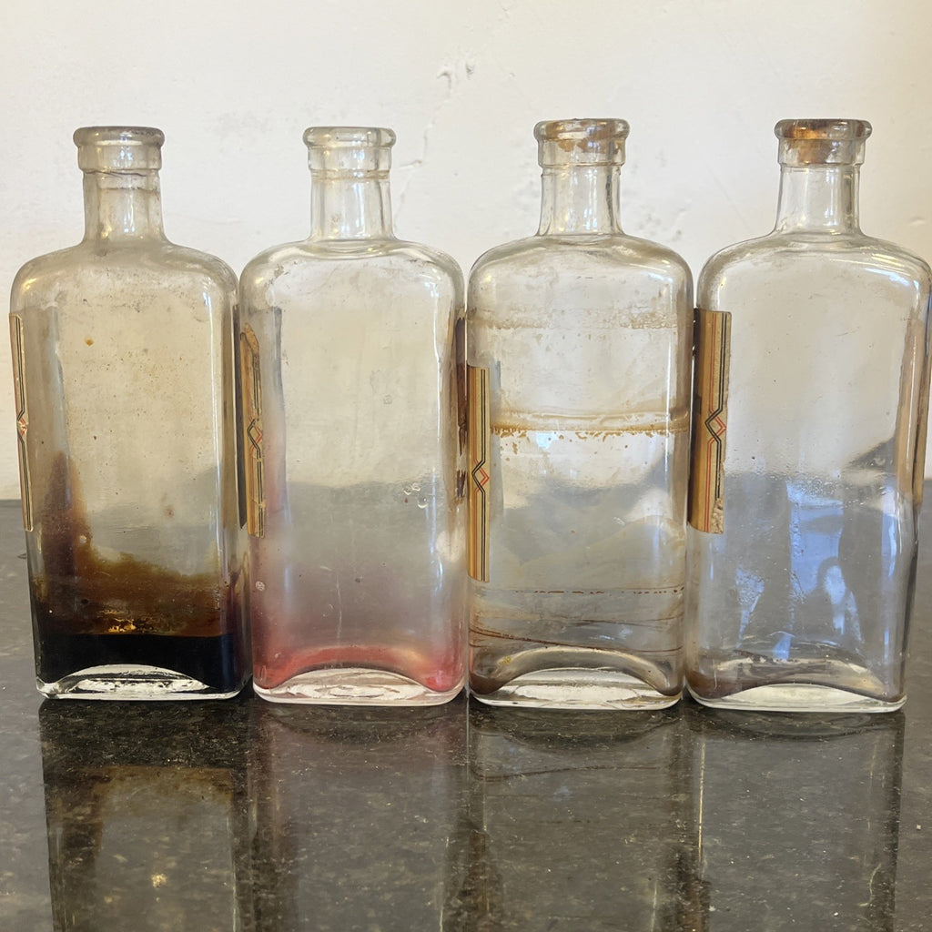 Antique Chemist Bottles Apothecary Pharmacy Labels Glass Set of 4 B.P.