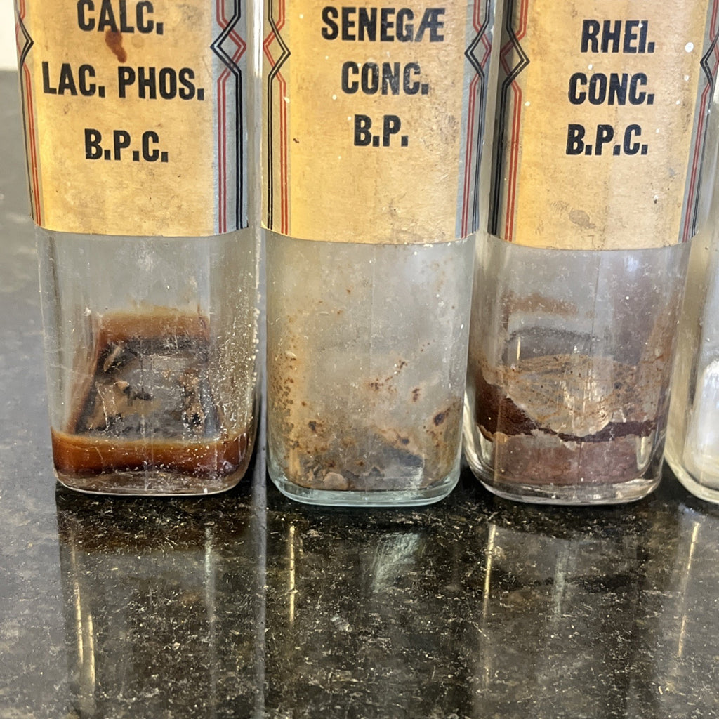 Antique Chemist Bottles Apothecary Pharmacy Labels Glass Set of 4 B.P.