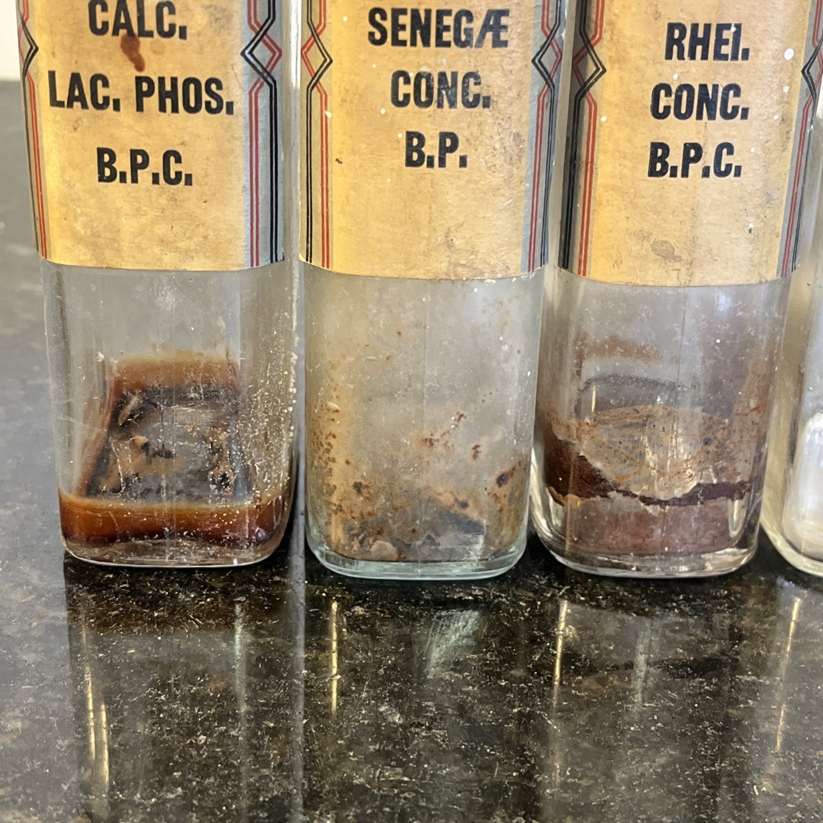 Antique Chemist Bottles Apothecary Pharmacy Labels Glass Set of 4 B.P.