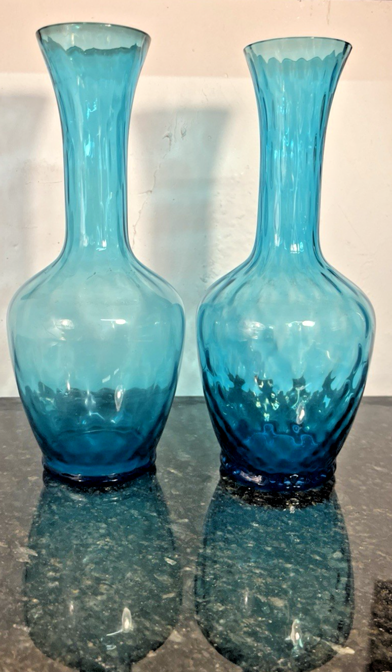 Empoli Blue Glass Vases Pair Italian MCM Retro Turquoise Decorative