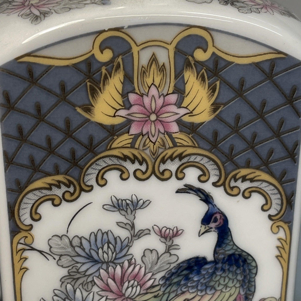 Japanese Peacock Decorative Porcelain Square Vase Blue Gold Floral 20th Century