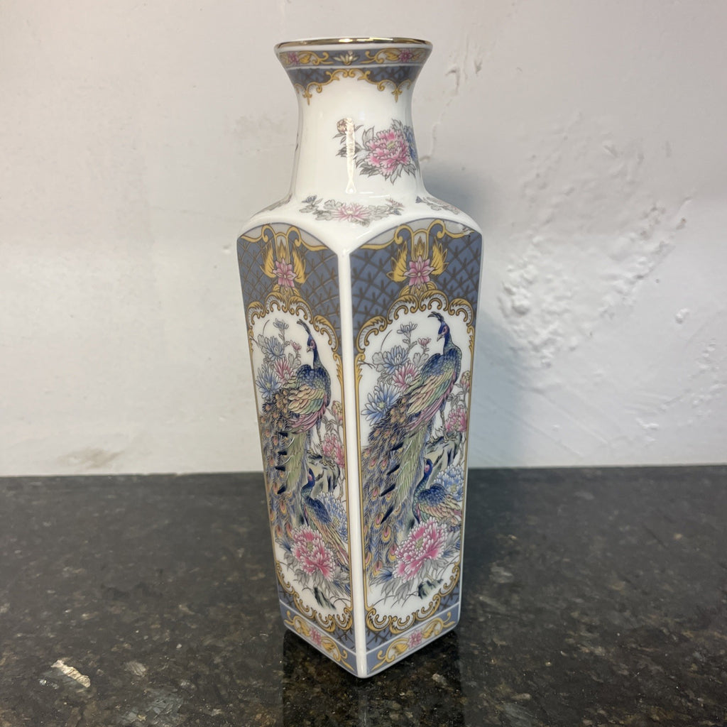 Japanese Peacock Decorative Porcelain Square Vase Blue Gold Floral 20th Century