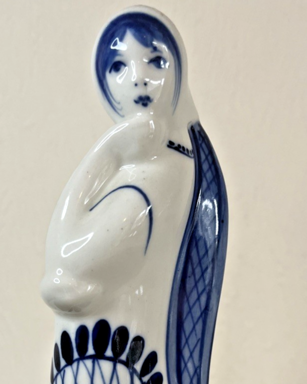 Gzhel Russian Porcelain Figurine USSR Cobalt Blue Folk Art Lady