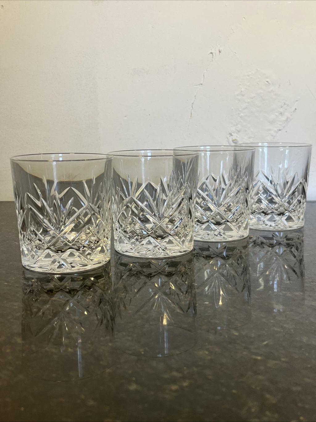 Royal Doulton Cut Crystal Whisky Tumblers Set 4 Heavy Diamond Fan Glasses