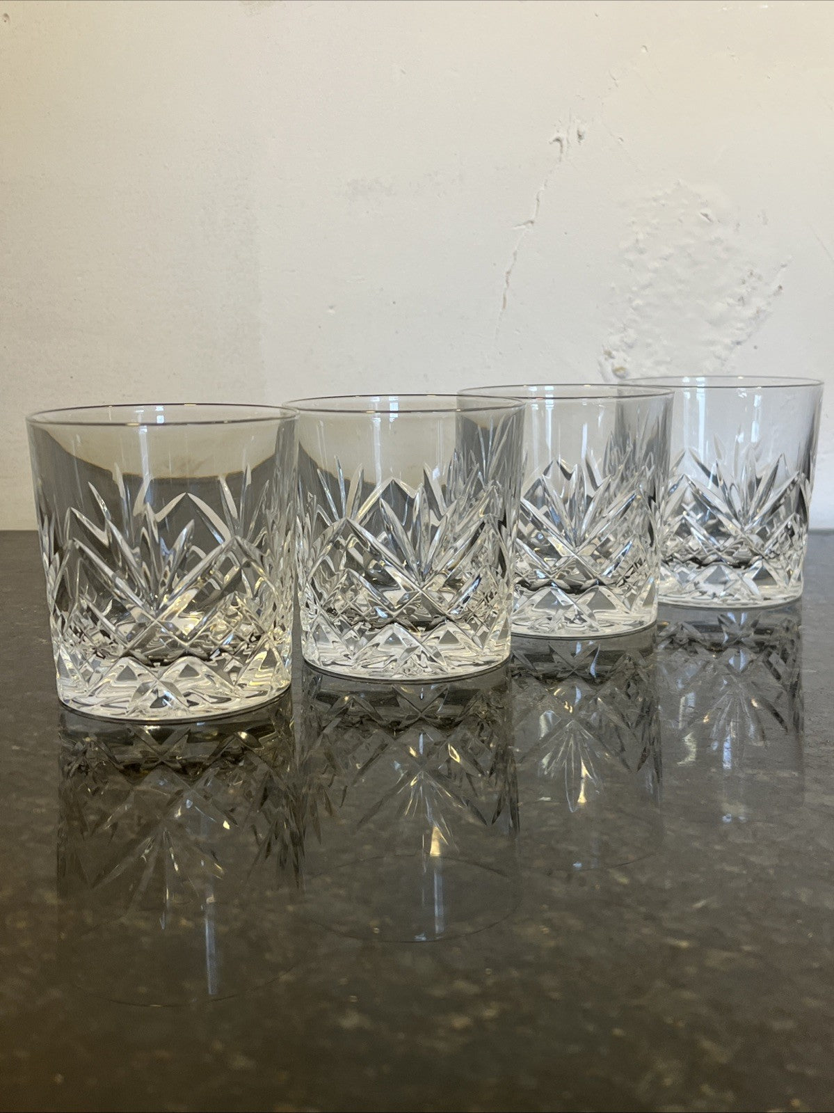 Royal Doulton Cut Crystal Whisky Tumblers Set 4 Heavy Diamond Fan Glasses