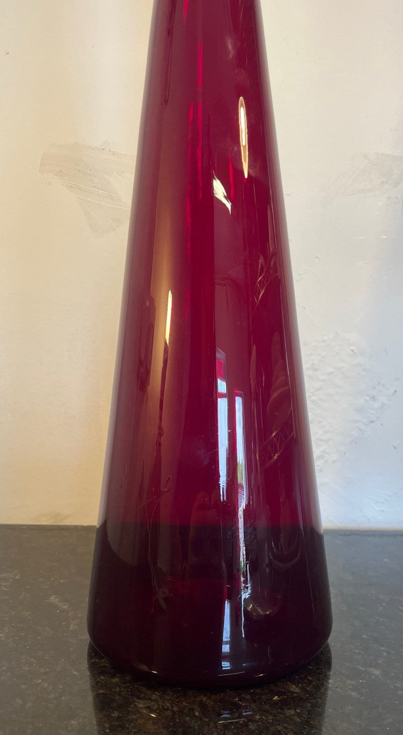 Empoli Ruby Red Genie Bottle Decanter Italian Art Glass MCM With Stopper 74cm