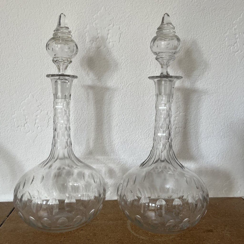 Vintage Cut Glass Decanter Pair Globe Shape Etched Oval Pattern Stoppers