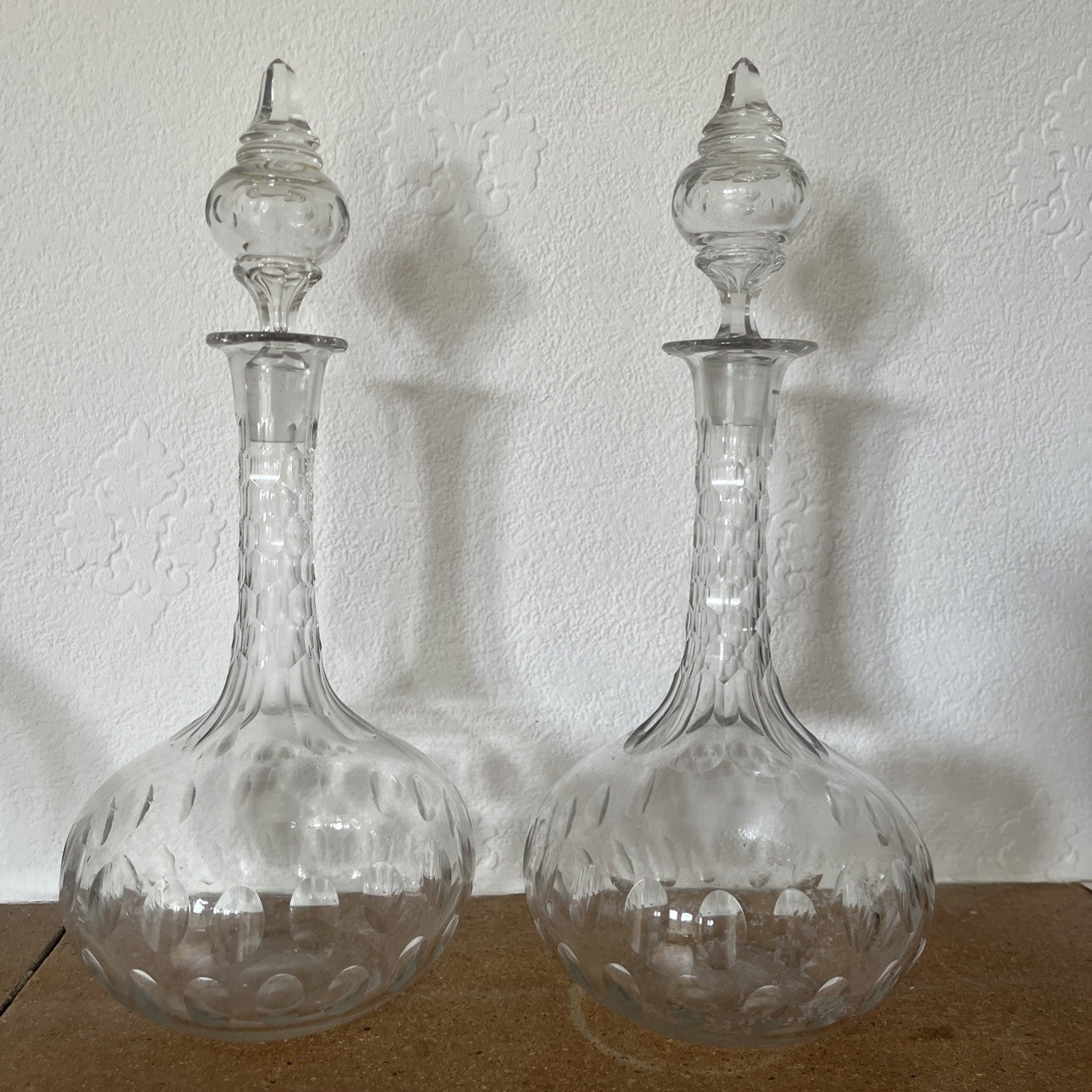 Vintage Cut Glass Decanter Pair Globe Shape Etched Oval Pattern Stoppers