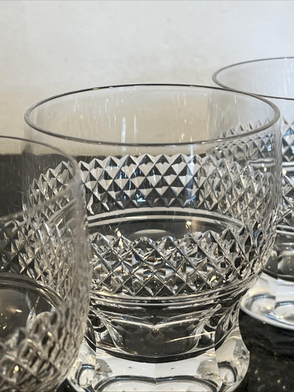 Cut Crystal Whisky Tumblers Diamond Pattern Heavy Base Set Of 3