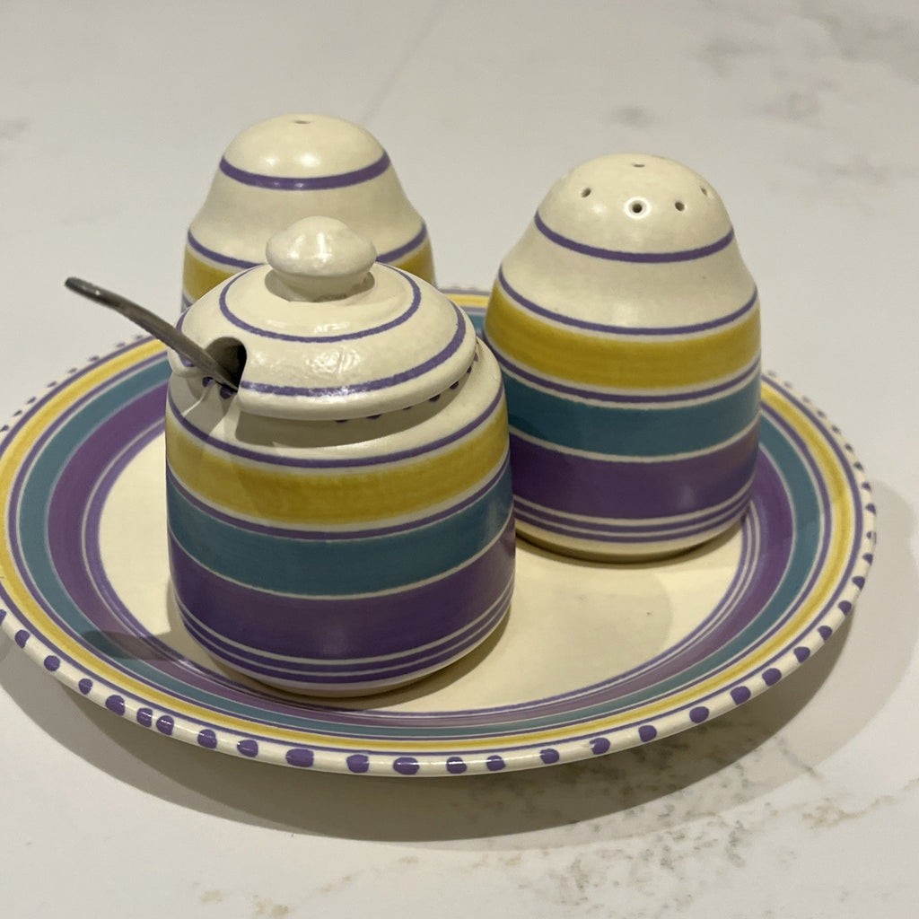 Honiton Devon Pottery Cruet Set Retro Striped Condiment Tray