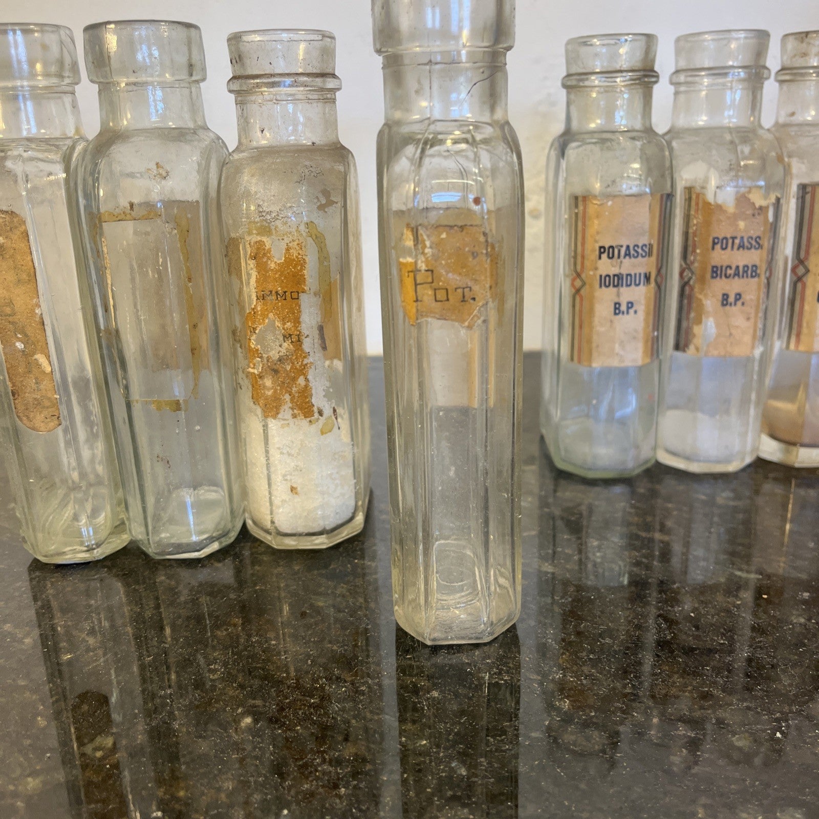 Antique Chemist Bottles Apothecary Pharmacy Labels Glass Set of 8 B.P.