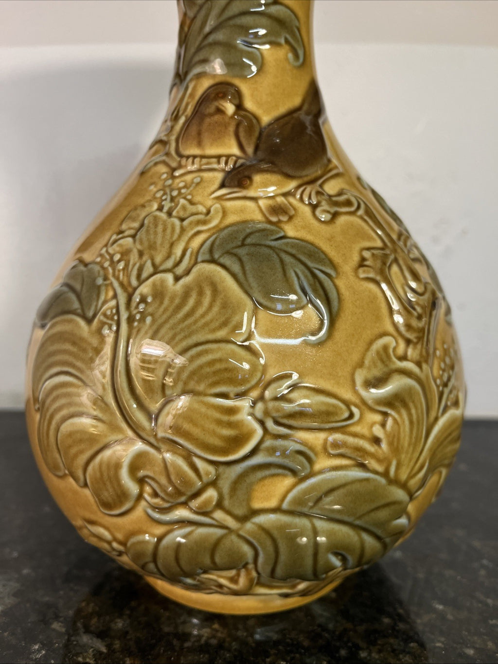 Lladro Relief Bird Vase Honey Glaze Spanish Ceramic Floral Foliage