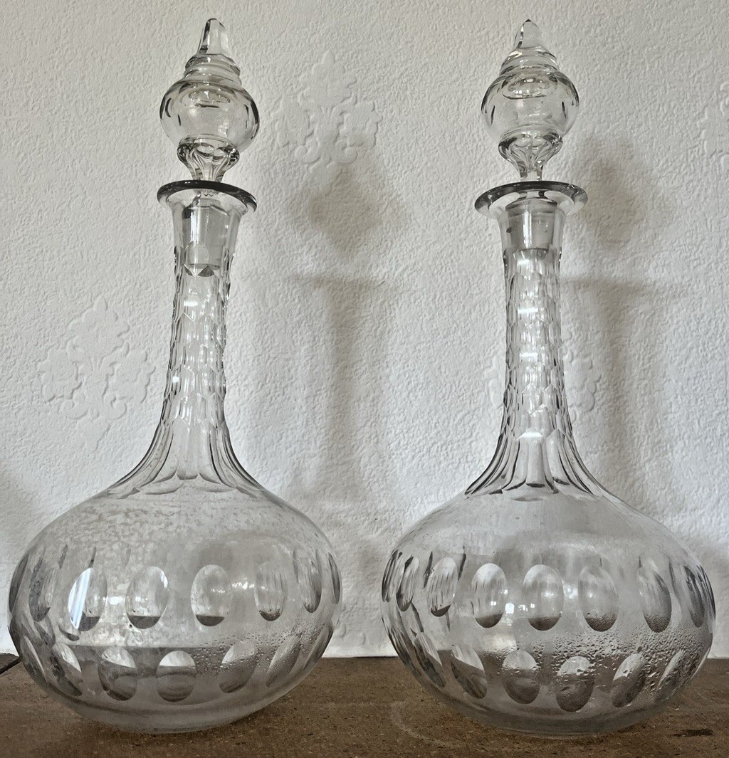 Vintage Cut Glass Decanter Pair Globe Shape Etched Oval Pattern Stoppers