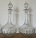 Vintage Cut Glass Decanter Pair Globe Shape Etched Oval Pattern Stoppers