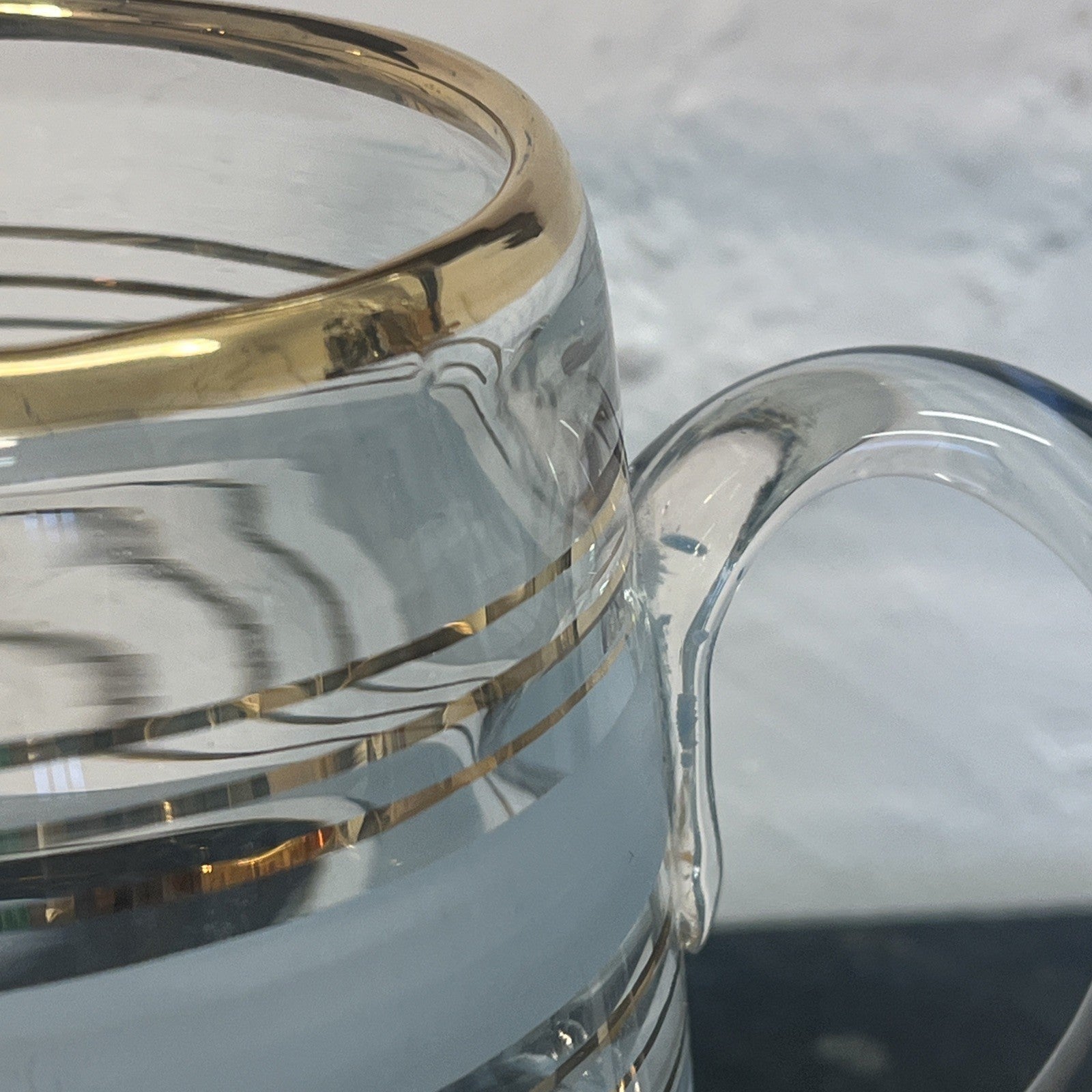 Vintage Mid Century Frosted Glass Jug and 5 Tumblers Gilt Bands