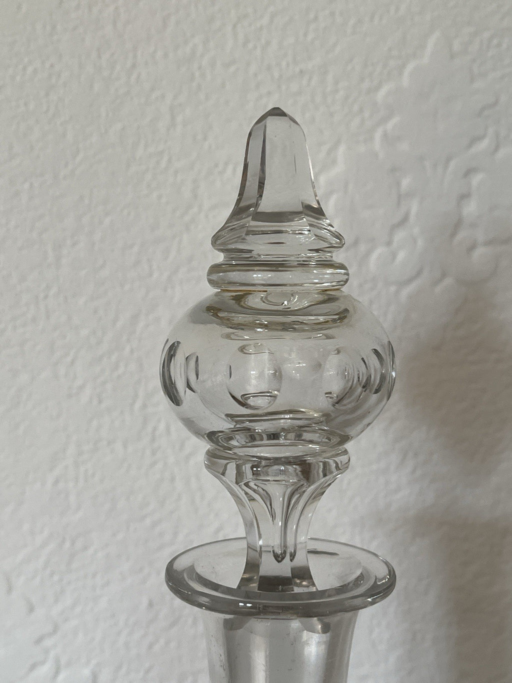 Vintage Cut Glass Decanter Pair Globe Shape Etched Oval Pattern Stoppers