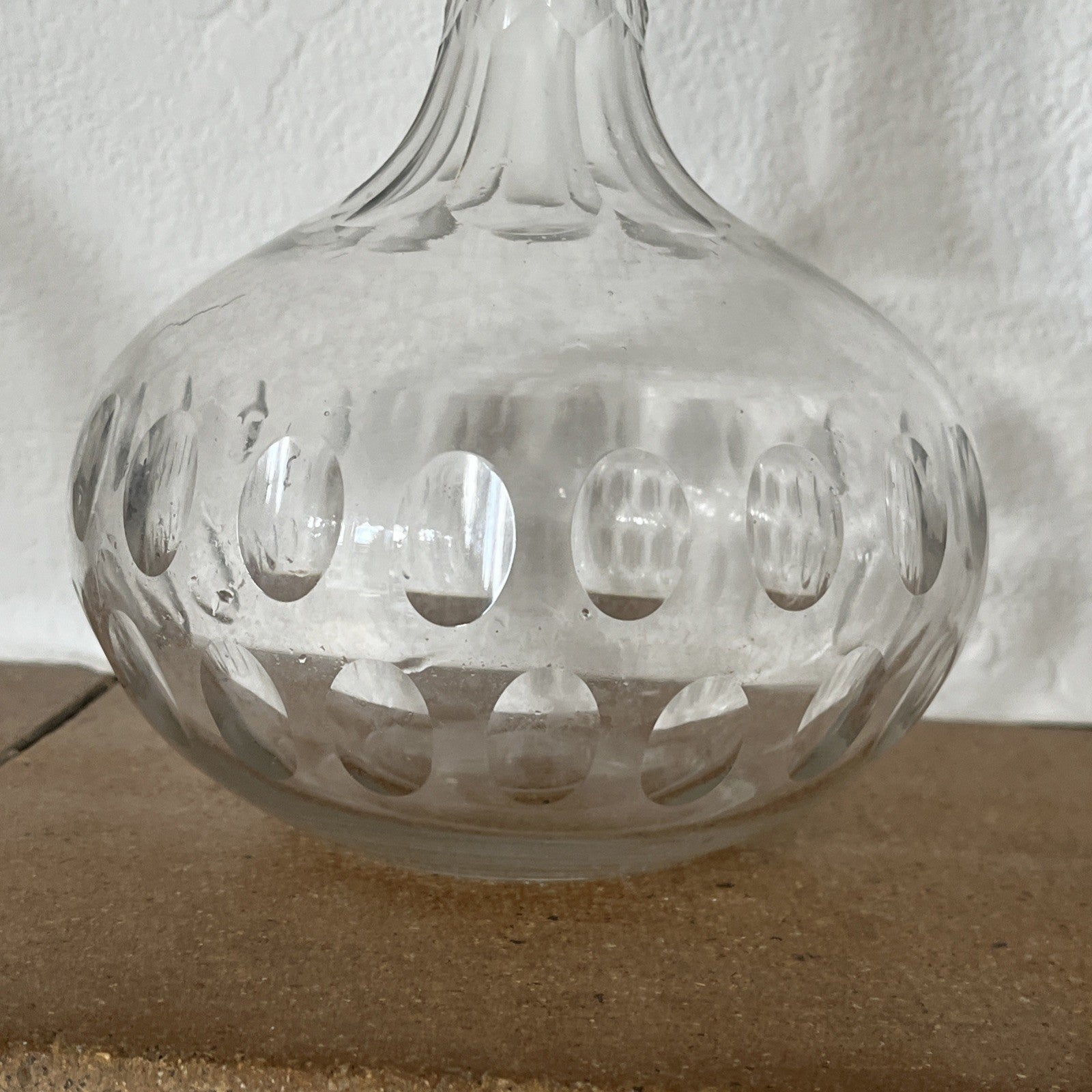 Vintage Cut Glass Decanter Pair Globe Shape Etched Oval Pattern Stoppers