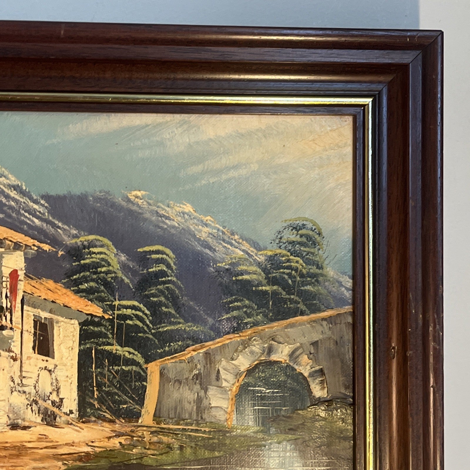 Spanish Village Oil Painting Signed Camps Framed Mountain Bridge Scene