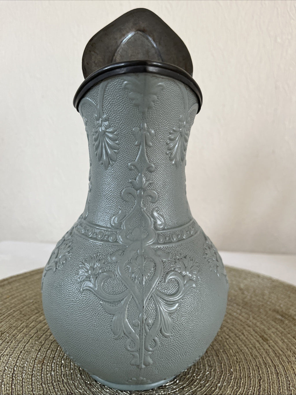 Victorian Stoneware Jug Thompsons Patent Pewter Lid Floral Relief