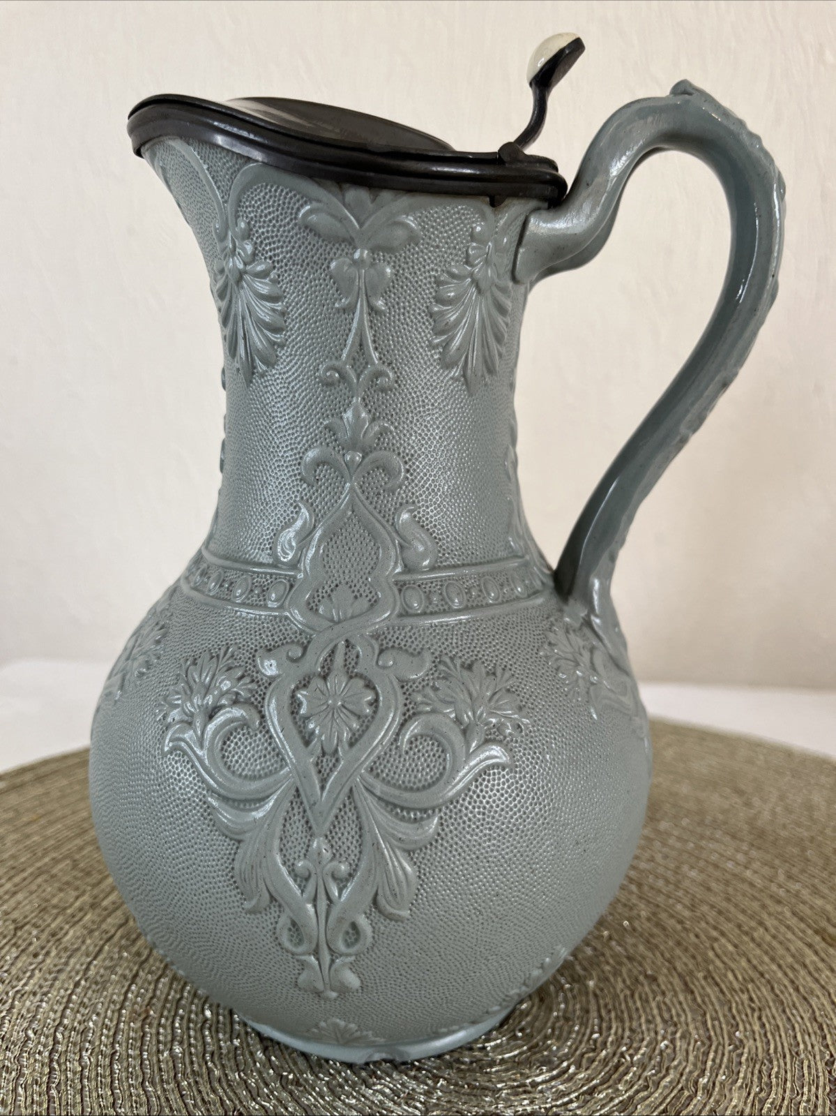 Victorian Stoneware Jug Thompsons Patent Pewter Lid Floral Relief