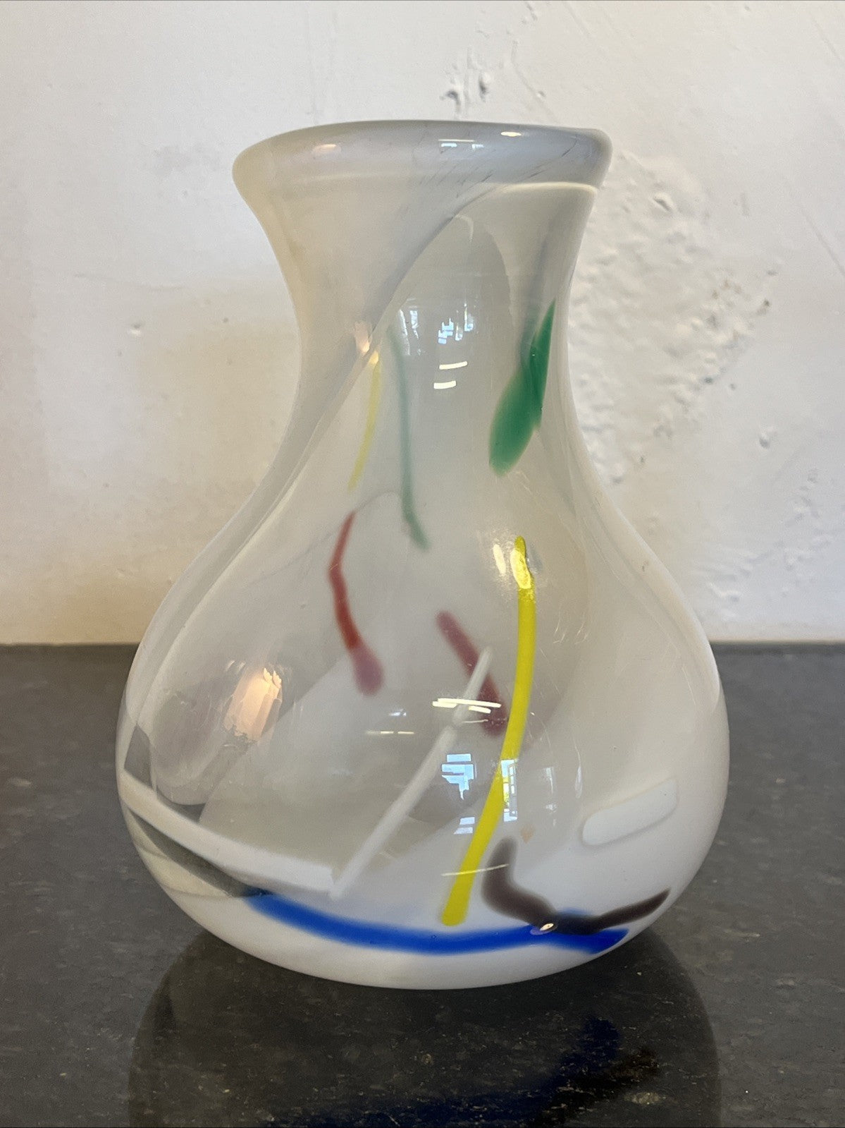 Opaline Art Glass Vase Murano Style White Cased Colourful Vintage