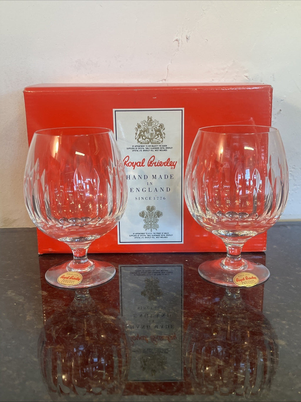 Royal Brierley Opera Crystal Brandy Glasses Boxed Pair Lead Crystal England
