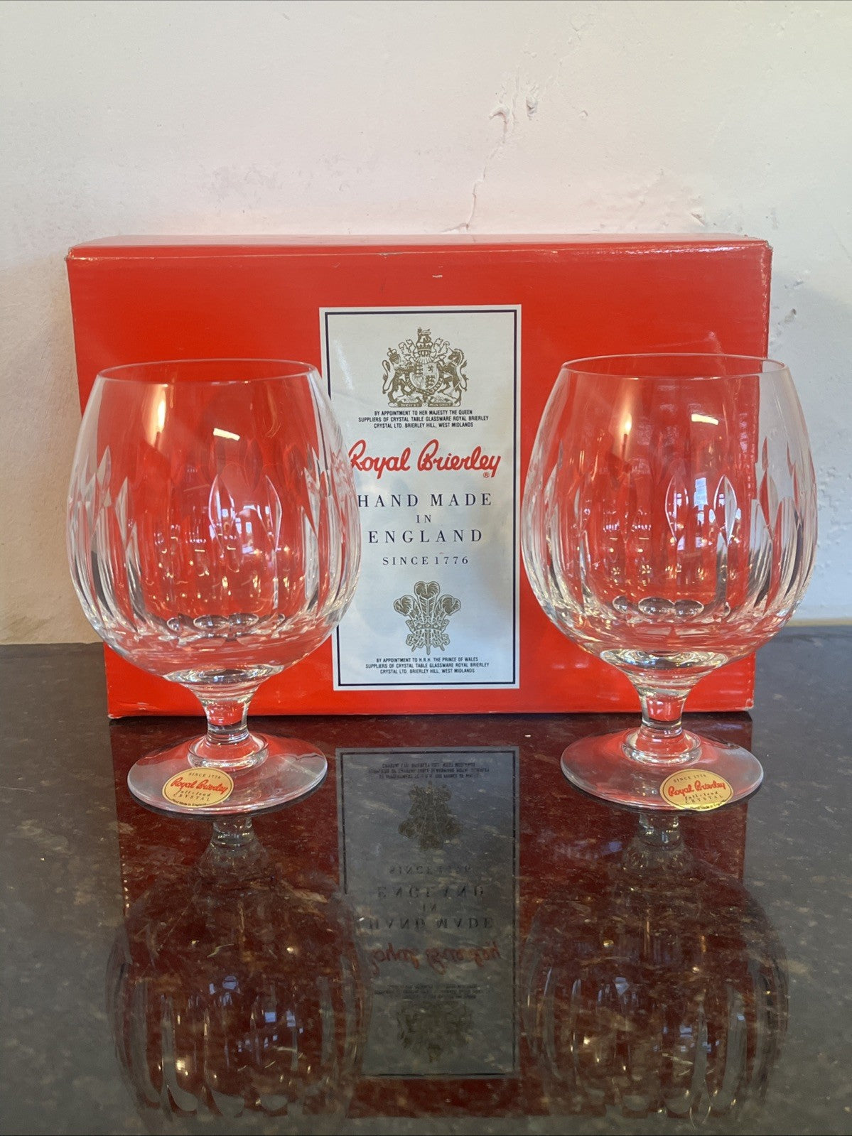 Royal Brierley Opera Crystal Brandy Glasses Boxed Pair Lead Crystal England