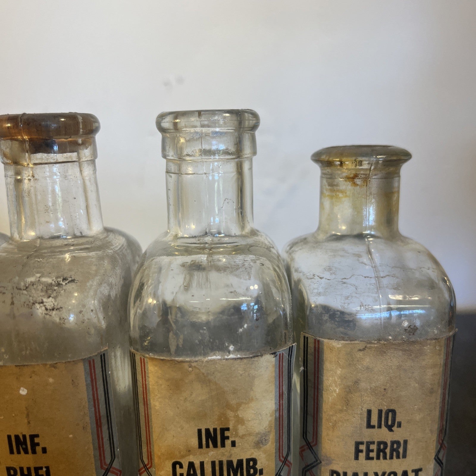Antique Chemist Bottles Apothecary Pharmacy Labels Glass Set of 4 B.P.