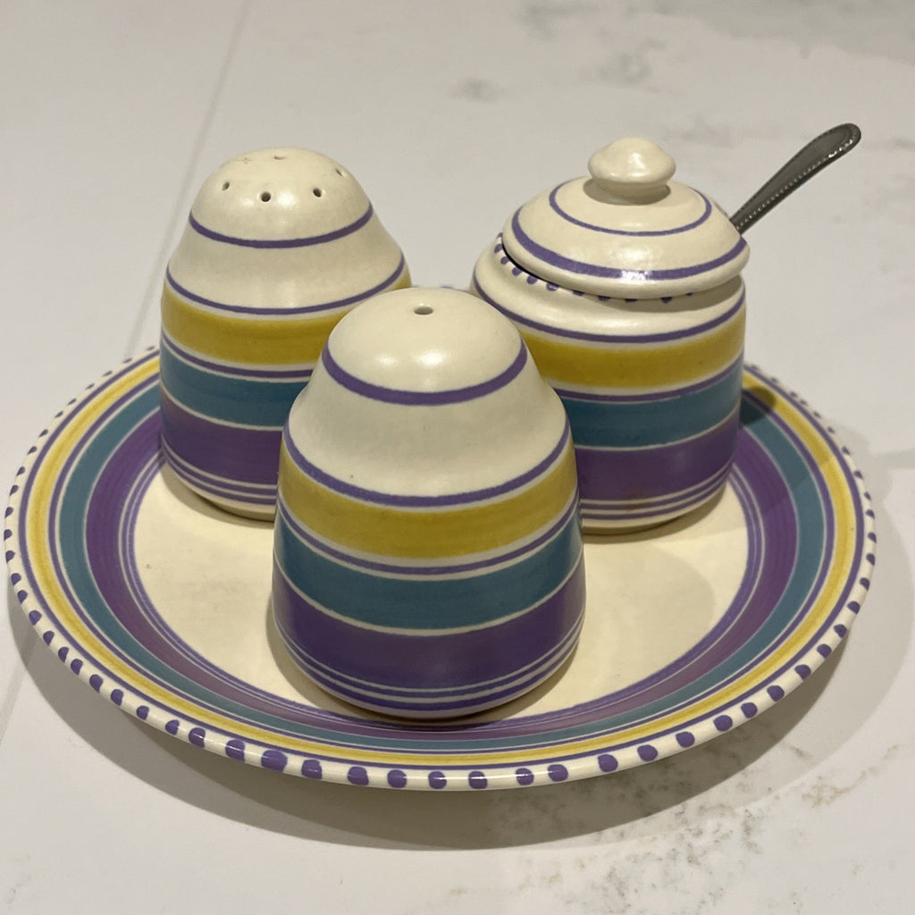 Honiton Devon Pottery Cruet Set Retro Striped Condiment Tray