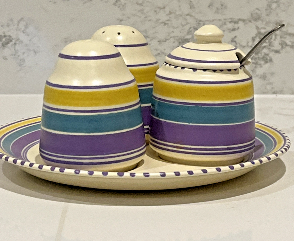 Honiton Devon Pottery Cruet Set Retro Striped Condiment Tray