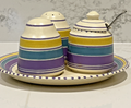 Honiton Devon Pottery Cruet Set Retro Striped Condiment Tray