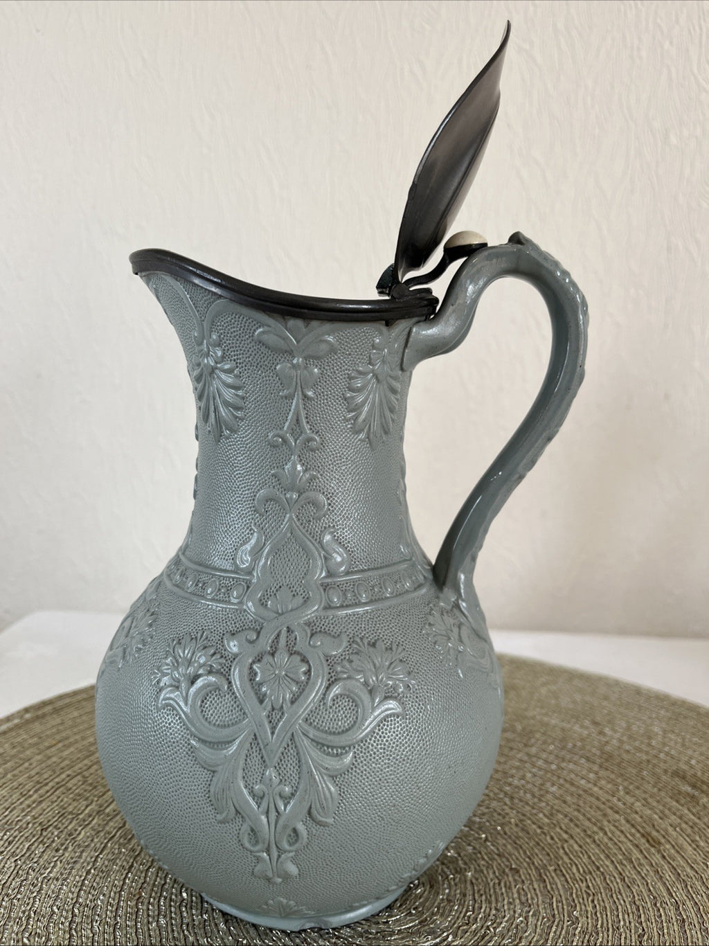 Victorian Stoneware Jug Thompsons Patent Pewter Lid Floral Relief