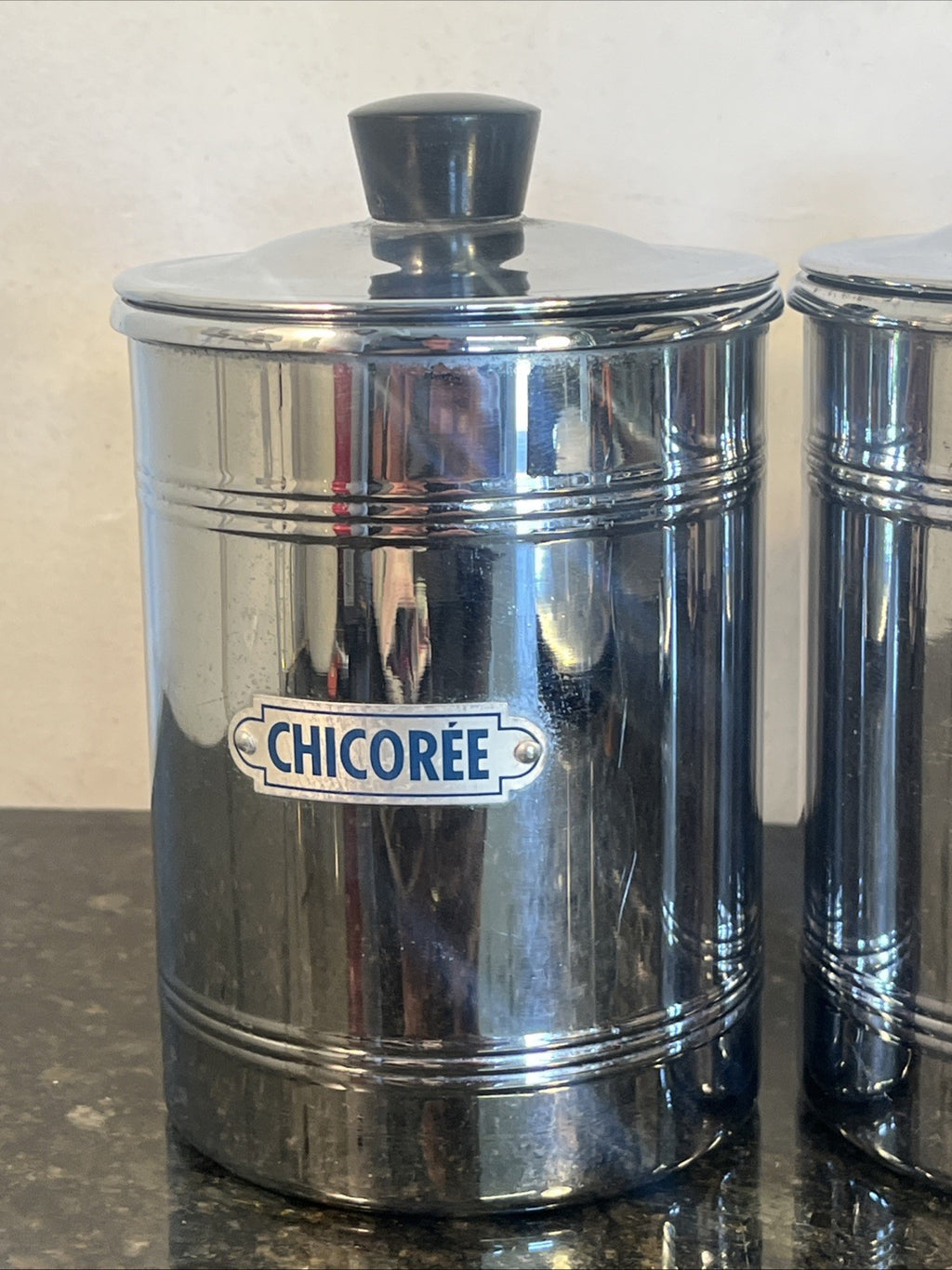 set of 3 VINTAGE French chrome-plated copper CANISTERS - RETRO 1960's