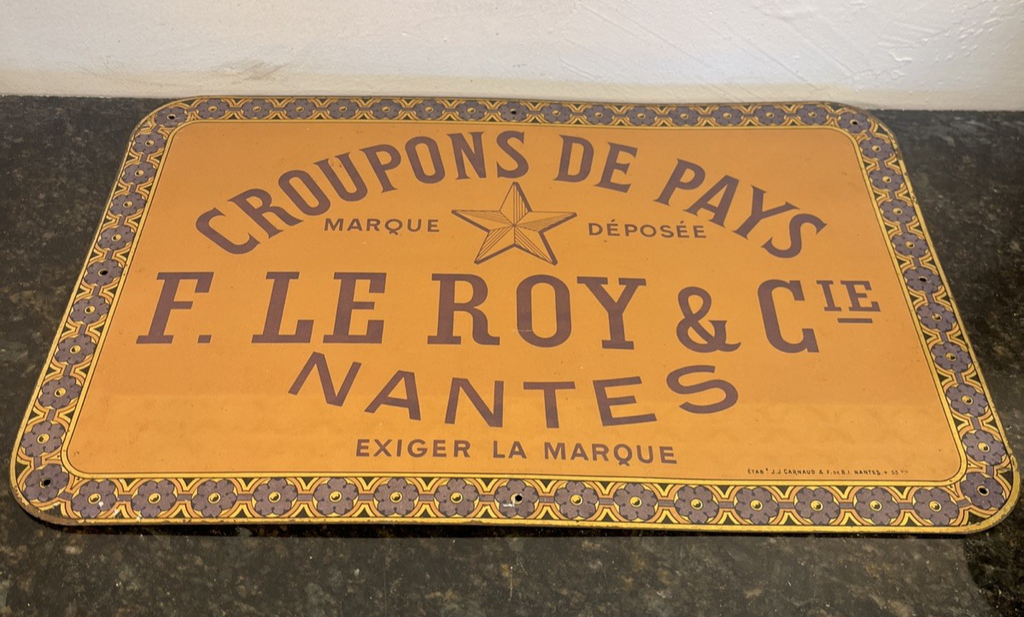 French Tin Advertising Sign F Leroy Nantes Croupons De Pays Leather Plaque
