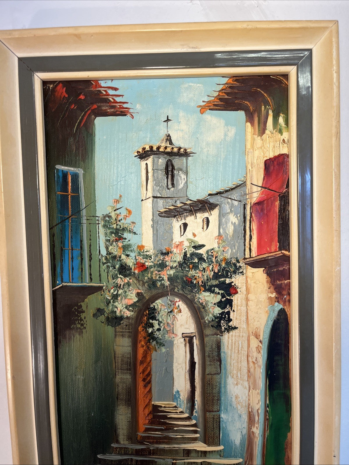 A Lucas Venetian Town View Oil Painting Framed Mid Century Street Scene