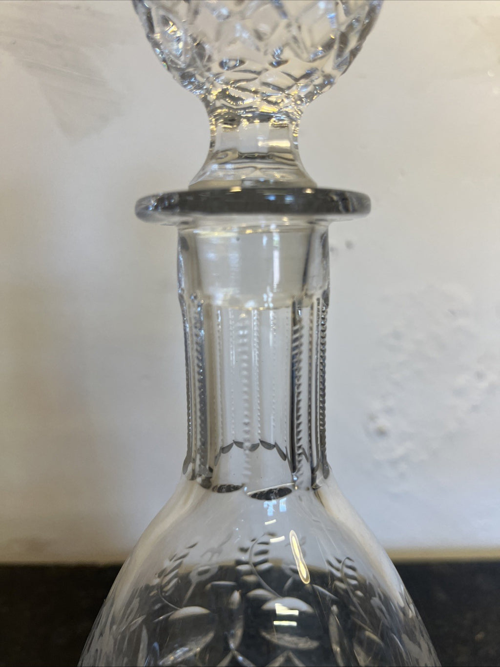 Rogaska Gallia Crystal Wine Decanter Diamond Cut Etched Floral Stopper Slovenia