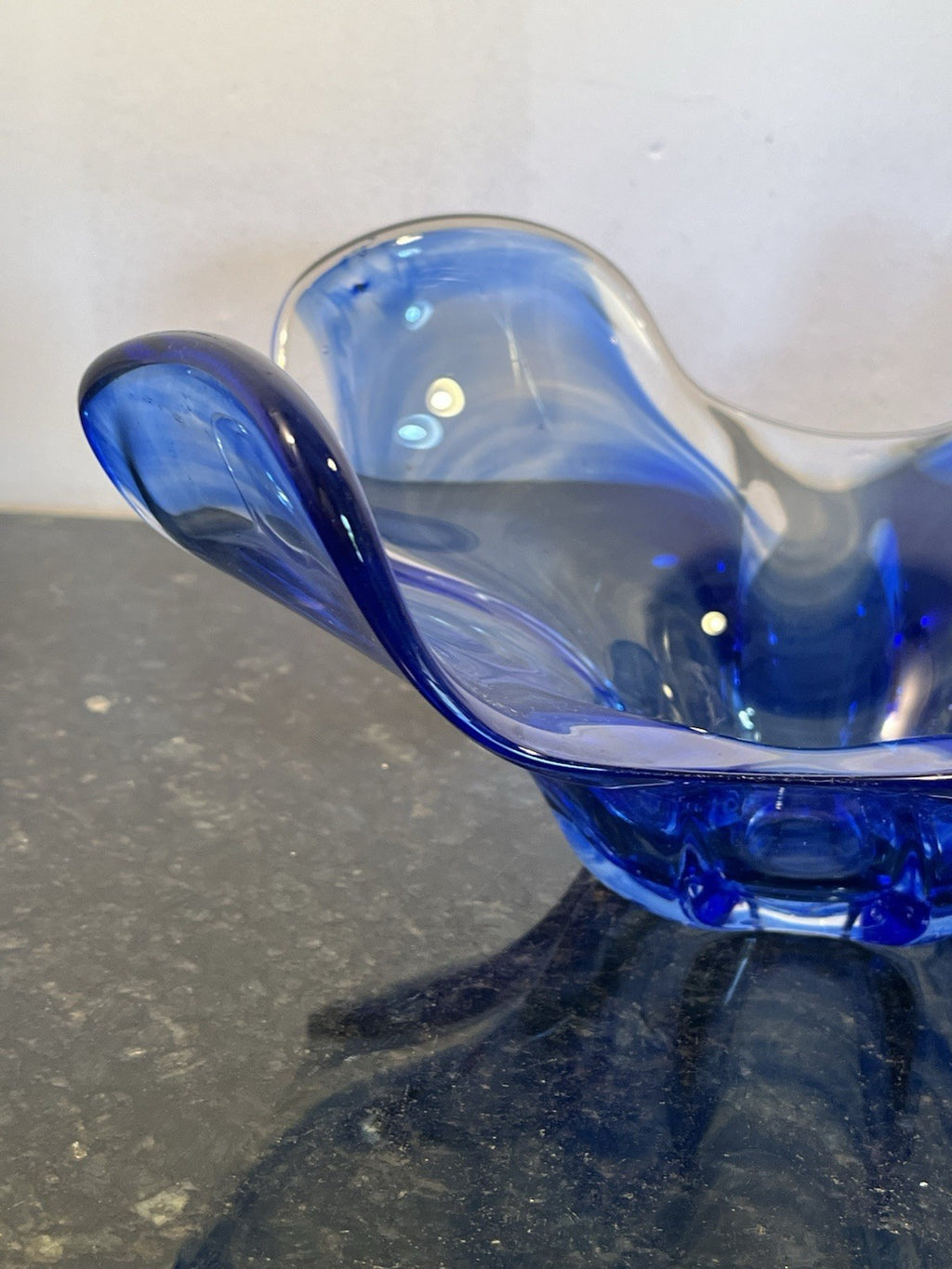 Vintage Czech Chřibská Style Hand Blown Blue Cased Art Glass Freeform Bowl