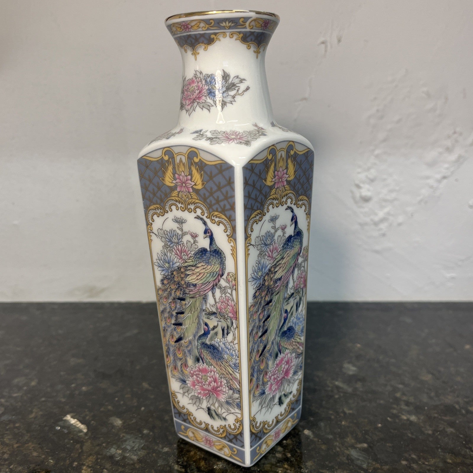 Japanese Peacock Decorative Porcelain Square Vase Blue Gold Floral 20th Century