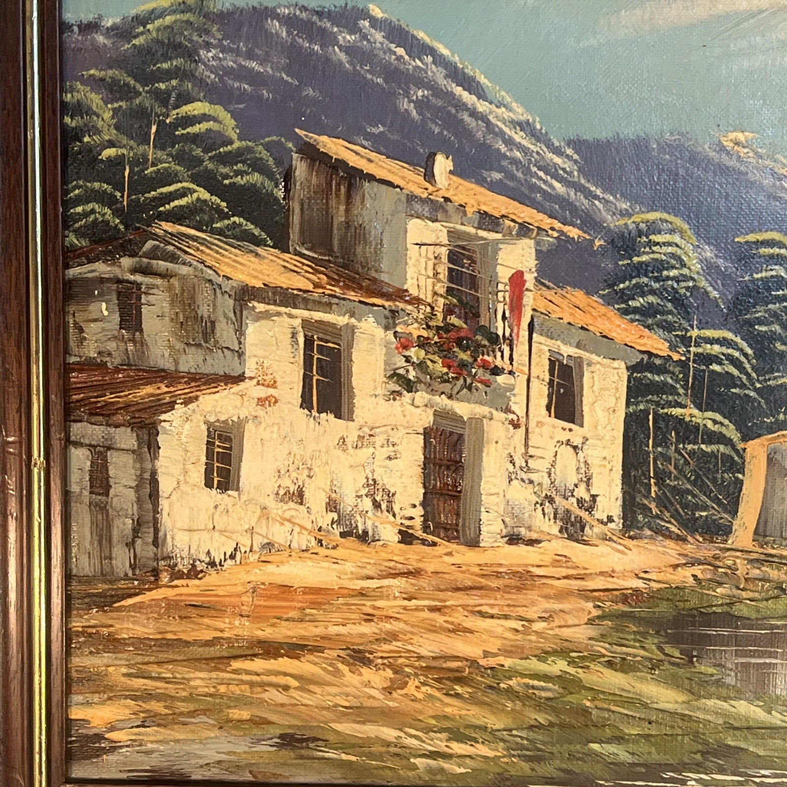 Spanish Village Oil Painting Signed Camps Framed Mountain Bridge Scene