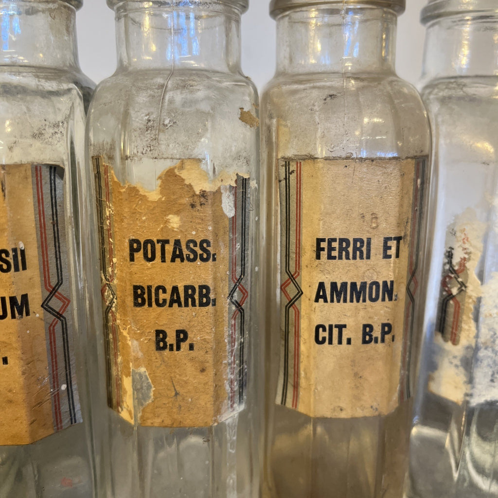 Antique Chemist Bottles Apothecary Pharmacy Labels Glass Set of 8 B.P.