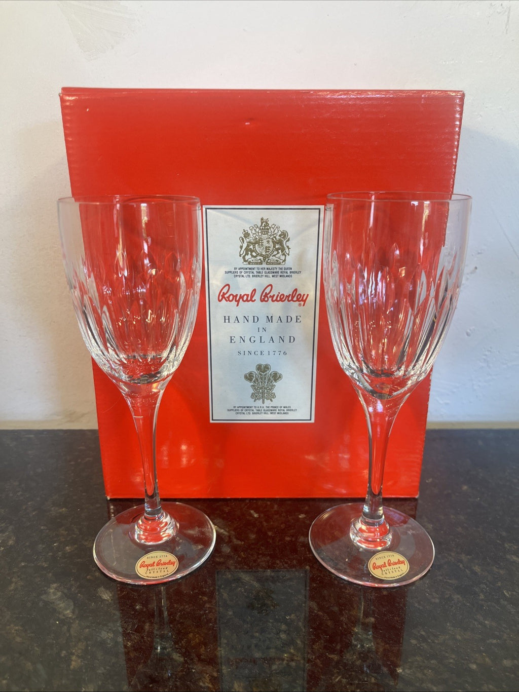 Royal Brierley Opera Crystal Wine Glasses Boxed Pair Handmade Lead Crystal