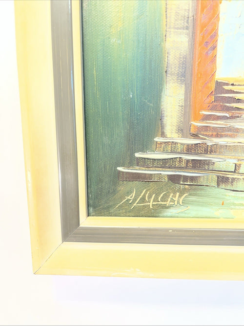 A Lucas Venetian Town View Oil Painting Framed Mid Century Street Scene